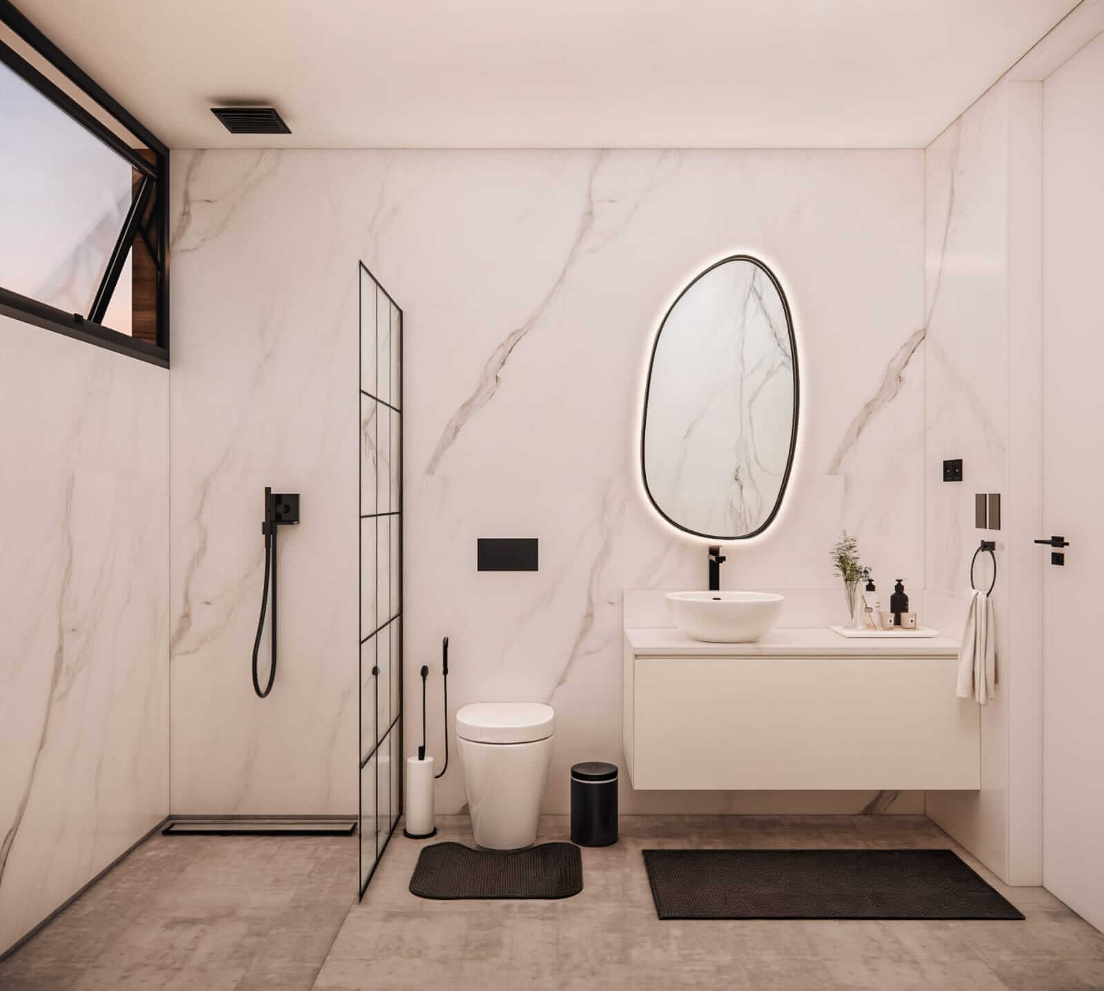 Casa de banho de luxo com acabamentos em mármore e design moderno em Cabo Verde.