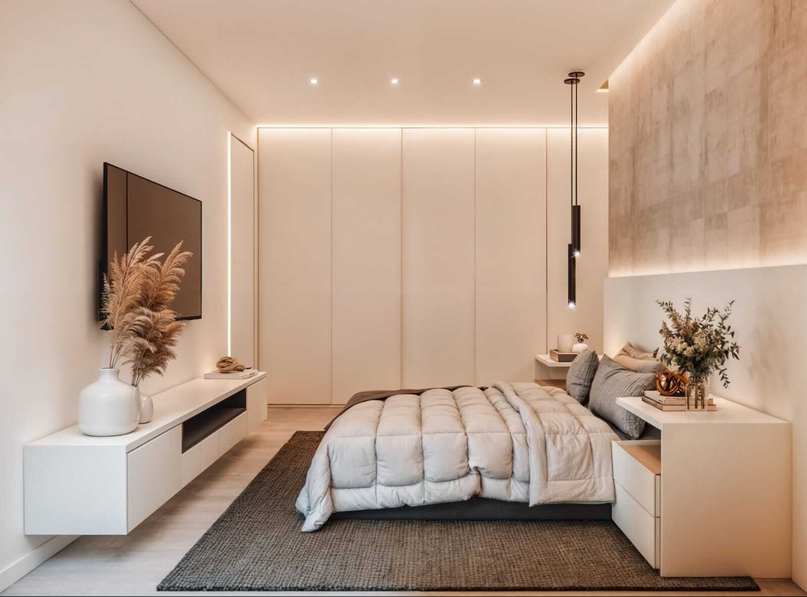 Quarto de casal moderno com decoração sofisticada e arquitetura limpa