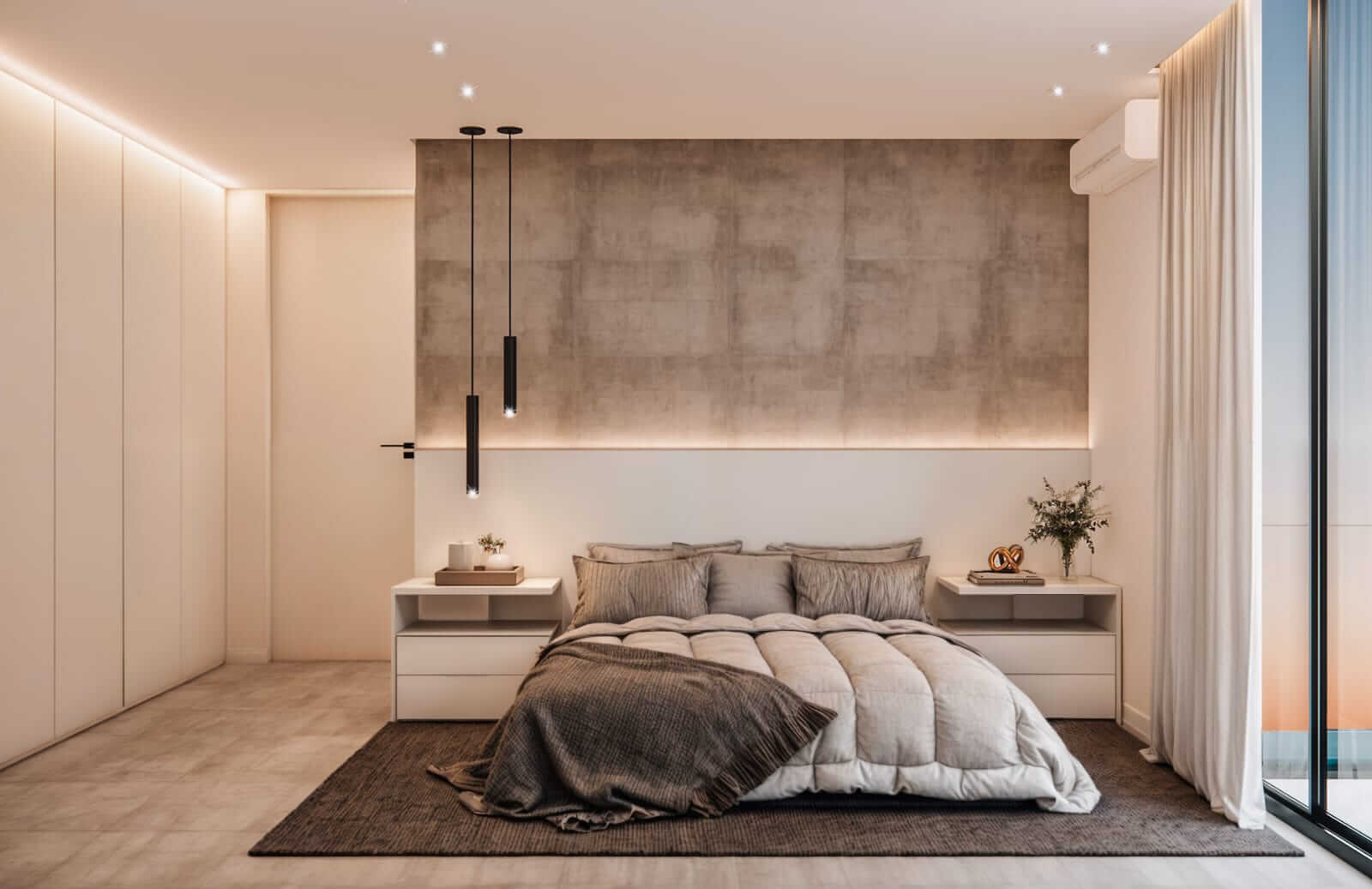 Quarto de luxo com iluminação embutida e design minimalista sofisticado.
