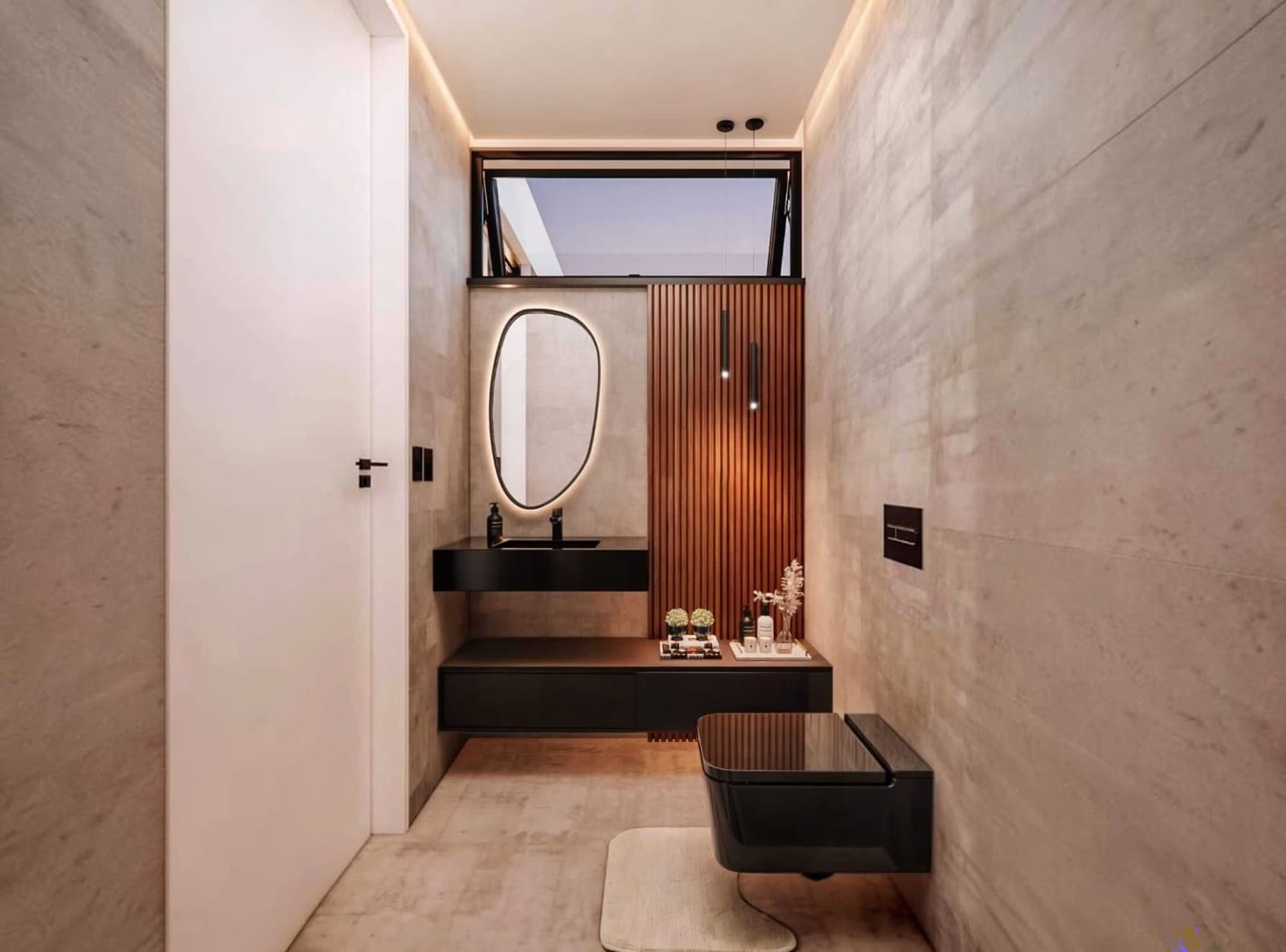 Corredor de entrada com painéis de madeira e design de interiores moderno
